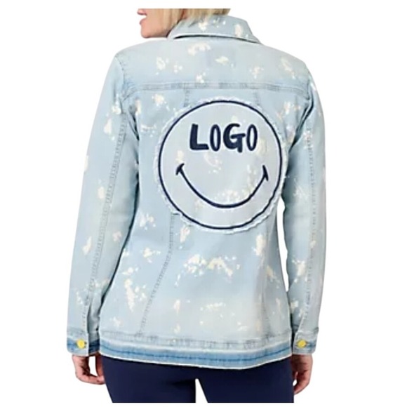 Lori Goldstein Smiley World Denim Jacket Bleach Wash Patch Logo Plus 20W Nwot - Picture 1 of 9